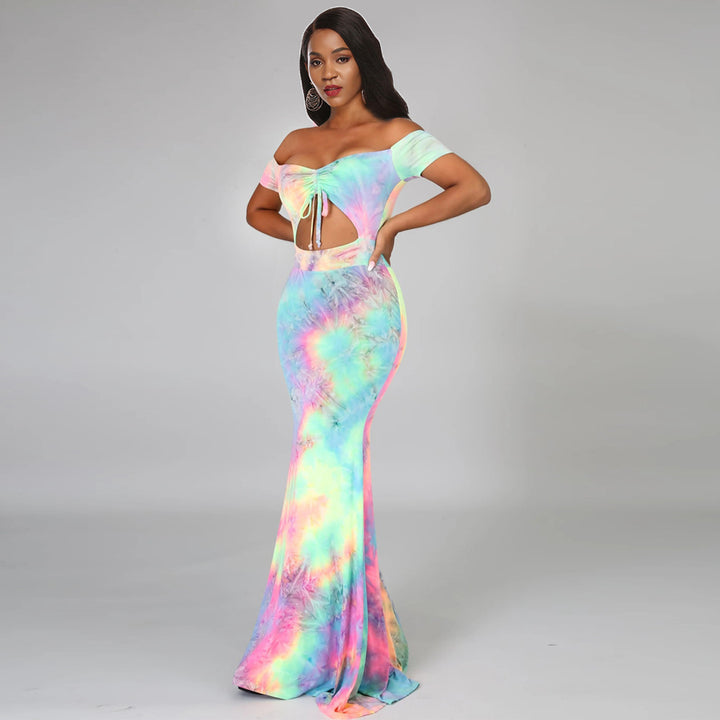 European And American Off-shoulder Navel Tie-dyed Dress