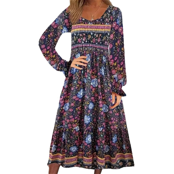 Printed Dress Round Neck Pullover Long Sleeve Temperament Commute