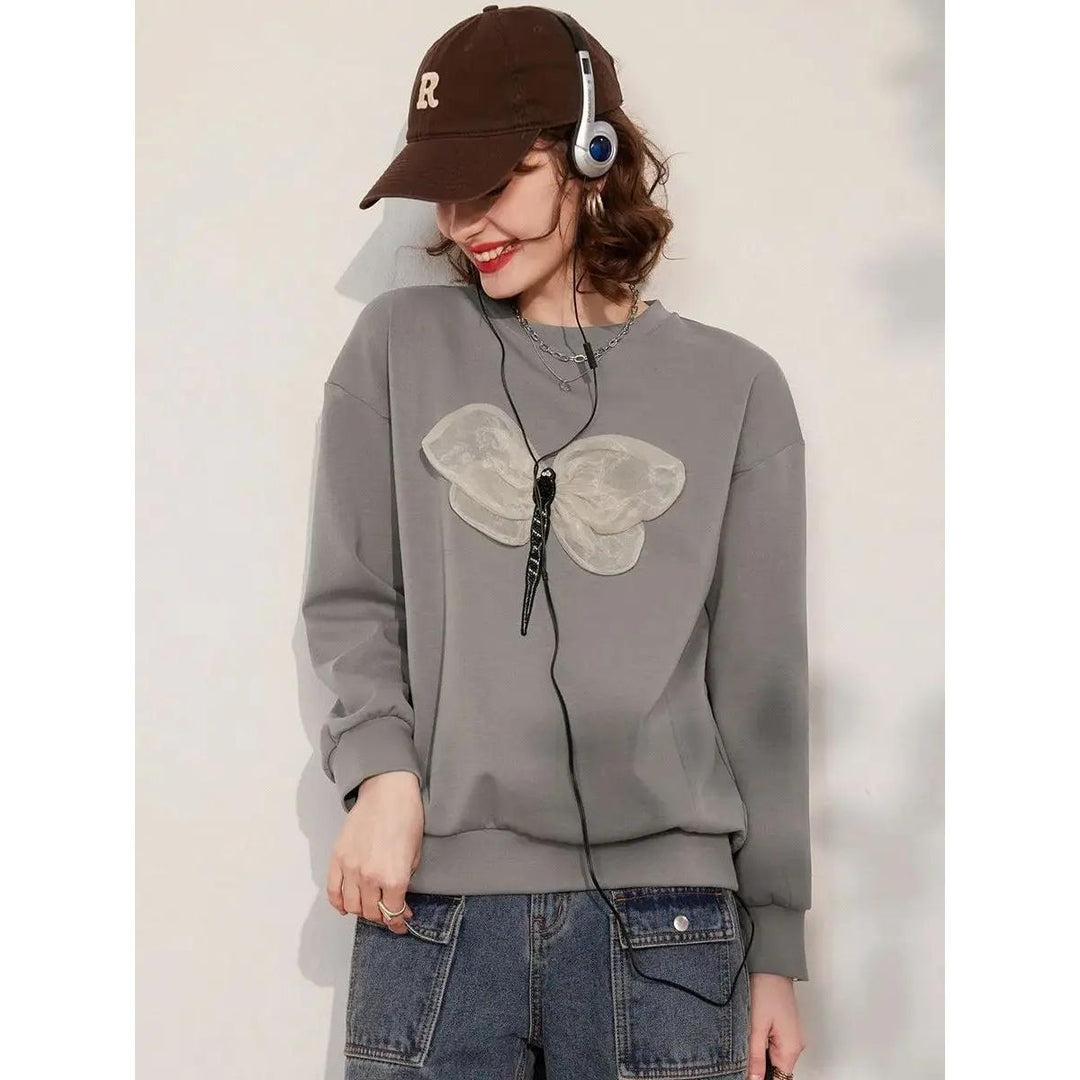 Spring Long Sleeve Sweatshirt with 3D Dragonfly Decoration