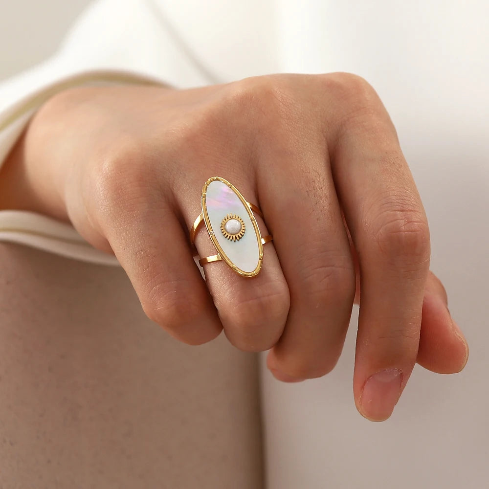 Elegant Gold Plated Oval Shell Pearl Adjustable Ring