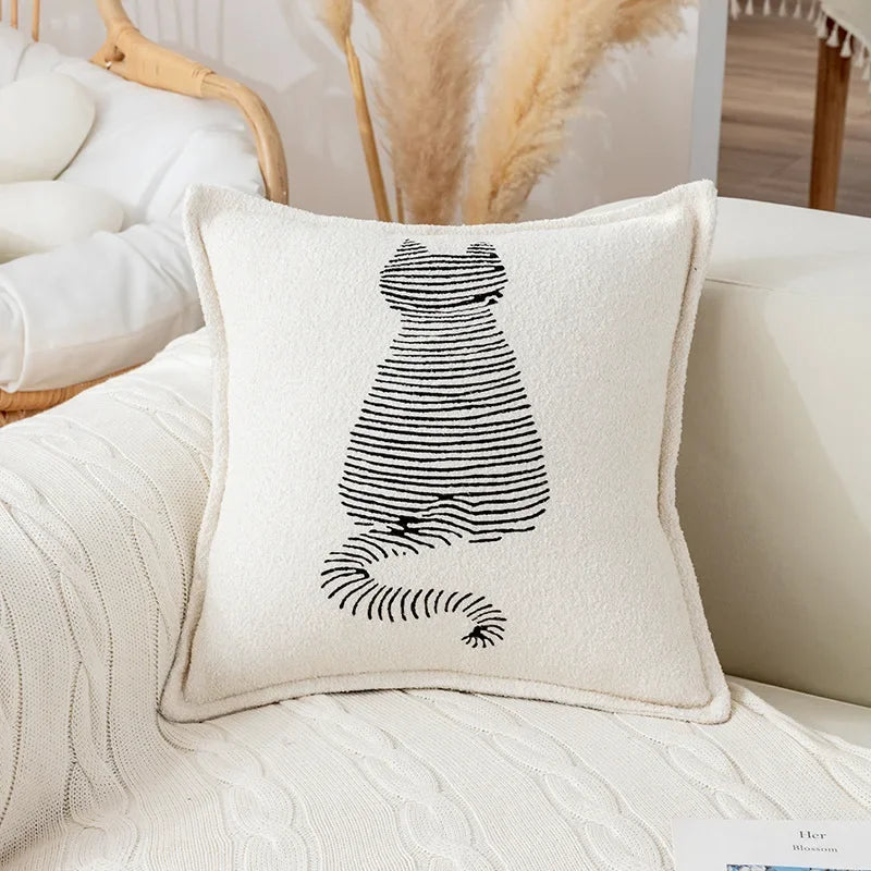 Nordic Cat Print Cushion Cover - Cute Plush Pillow Case for Autumn Home Decor