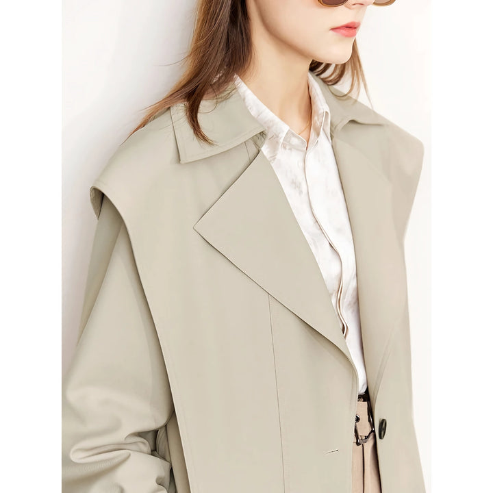 Minimalist Long Trench Coat for Women - Autumn Turndown Neck Patchwork Single Breasted