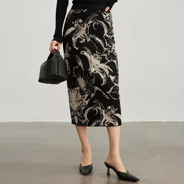 Chic Floral Jacquard Woolen Knit Skirt for Women