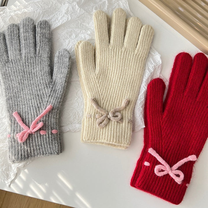 Autumn And Winter New Bow Pure Color Warm Keeping Finger Gloves