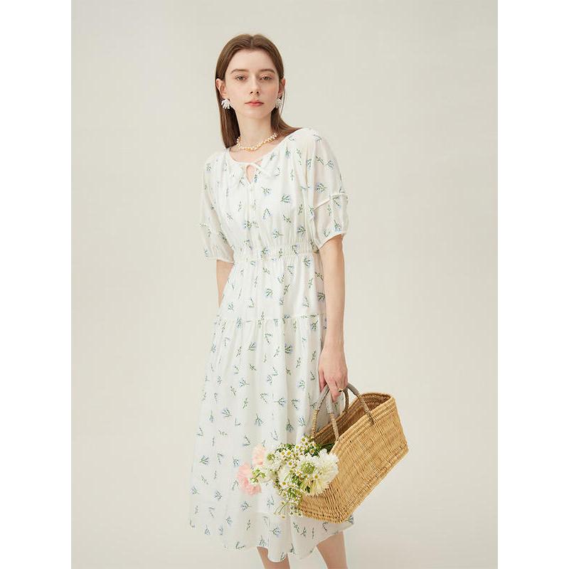 Summer Floral Embroidery Midi Dress with Lantern Sleeves for Women