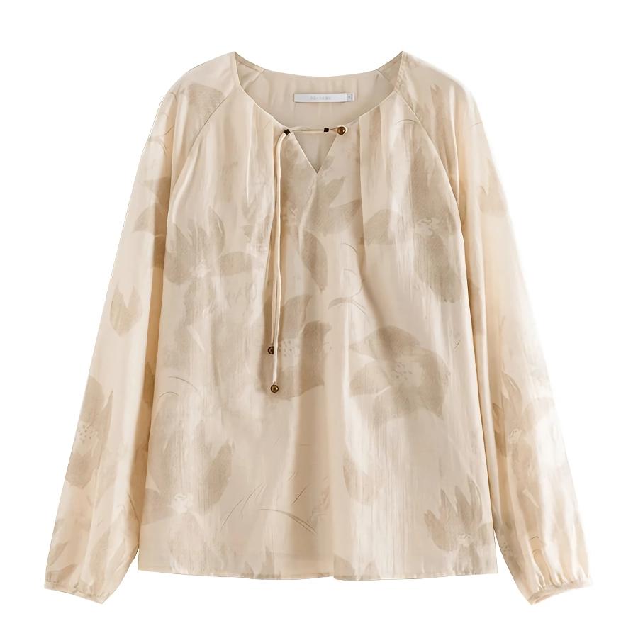 Chic Chinese Style Beige Floral Print Blouse