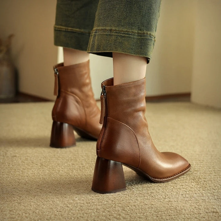 Women's Genuine Leather Chunky Heel Square Toe Ankle Boots