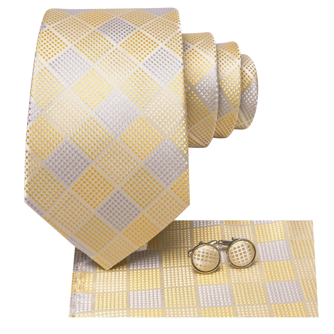 Elegant Champagne Plaid Silk Tie Set