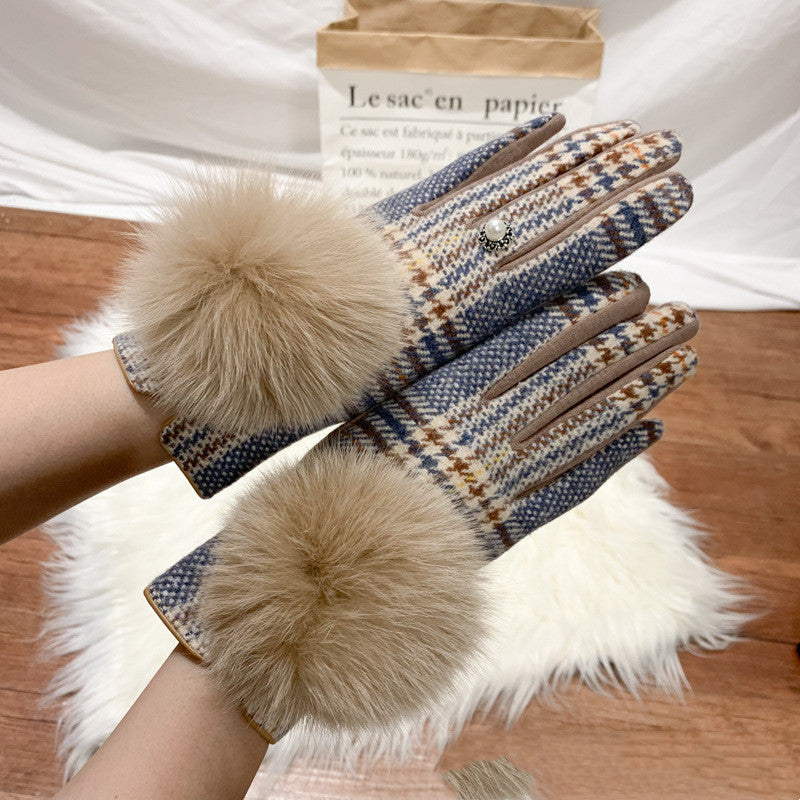 Oversized Fox Fur Ball Day Single Symmetrical Plaid Wool And Cashmere Finger Gloves