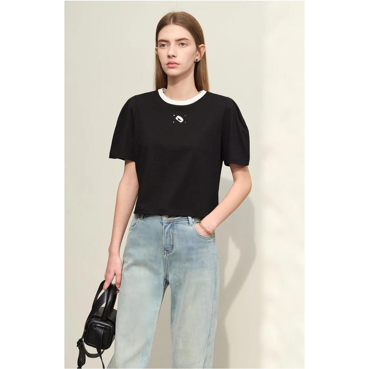 Summer Embroidered O-Neck T-Shirt with Mutton Sleeves