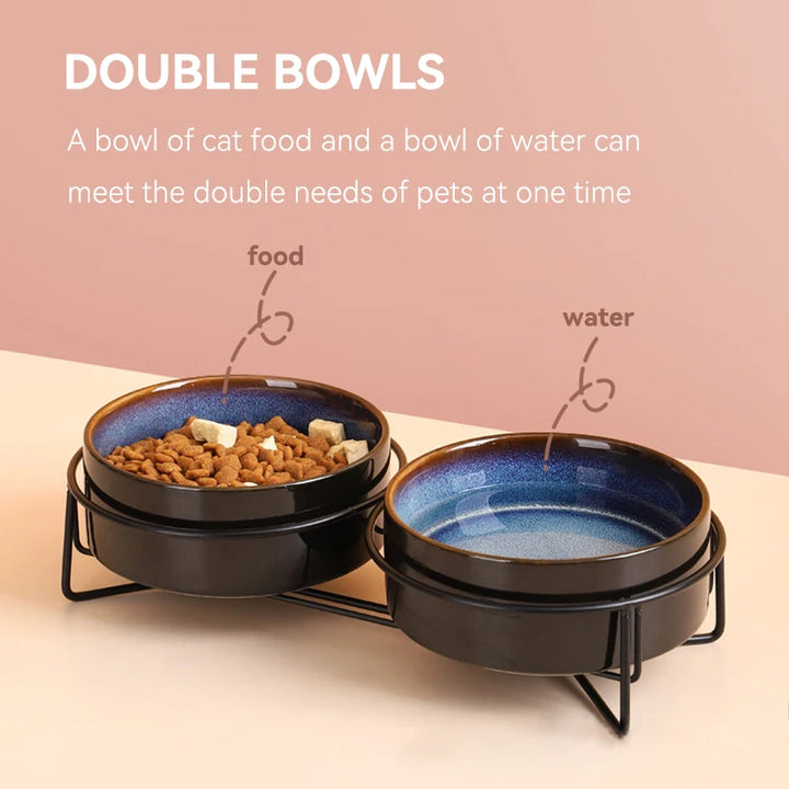 Double Cat Food Bowls with Iron Stand - Starry Pet Feeding Bowls for Cats and Small Dogs