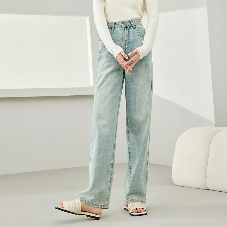 High Waist Wide Leg Denim Pants for Women - Retro Light Blue Casual Trousers