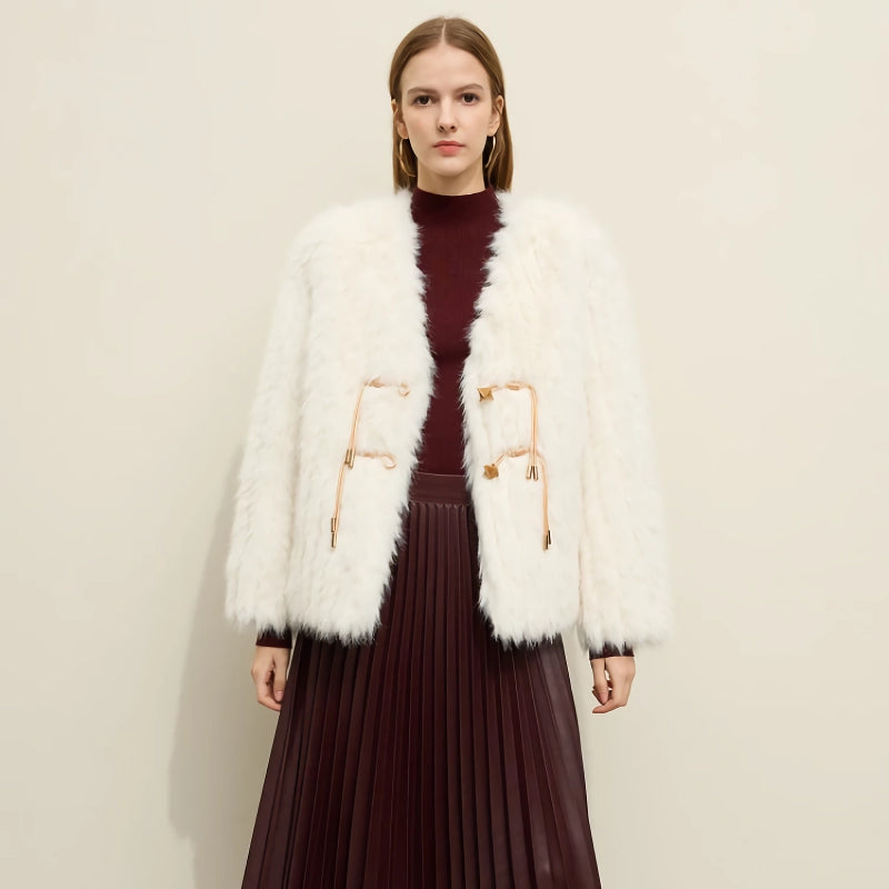 Elegant Loose Fur V-neck Coat with Leather Buckle