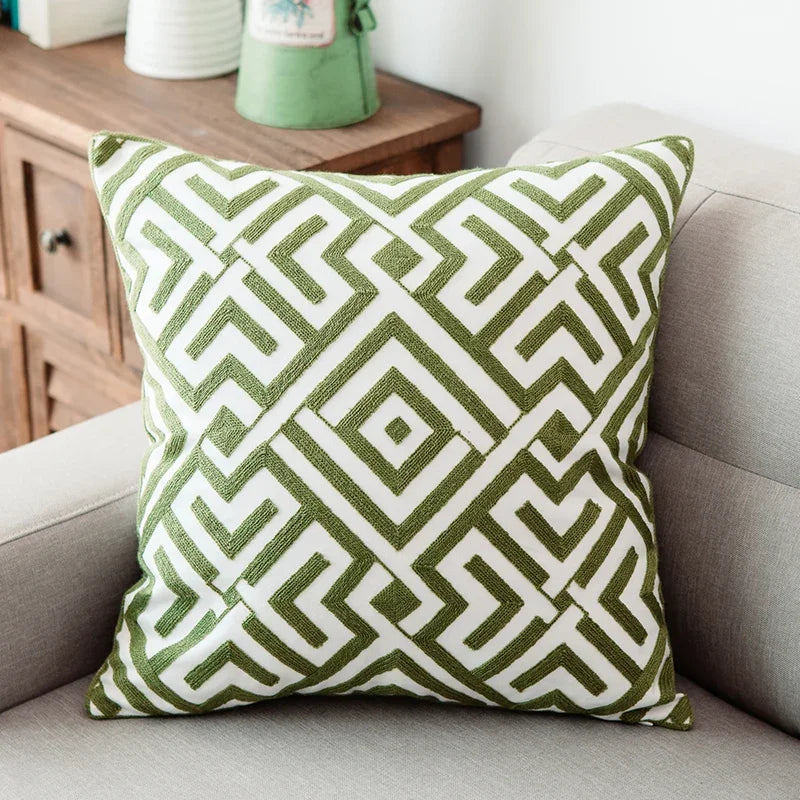 Green Geometric Embroidered Cushion Cover - 18x18 Inches, Cotton Canvas