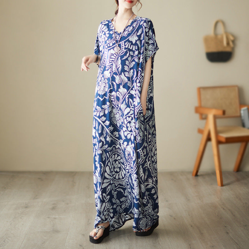 Women's V-neck Printed Cotton Maxi Dress Vacation Style Bohemian Dress