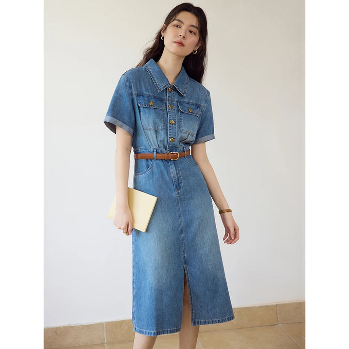 Denim Blue Polo Neck Short Sleeve Shirt Dress