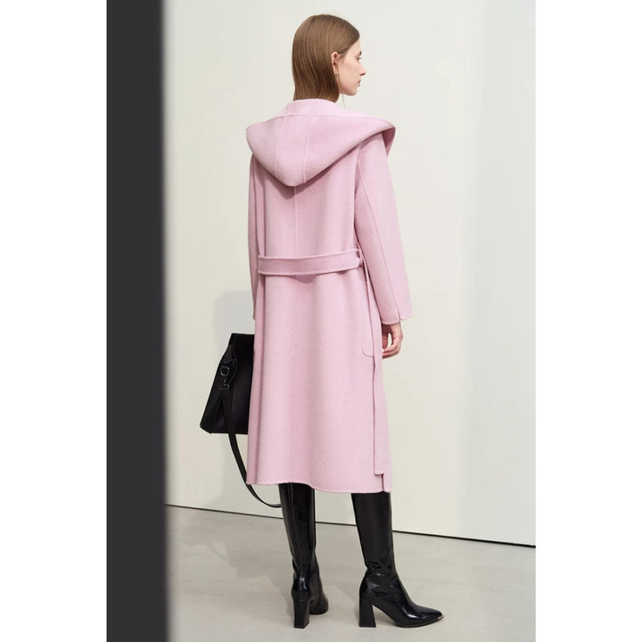 Autumn Women's Hooded Split Belt Long Wool Overcoat