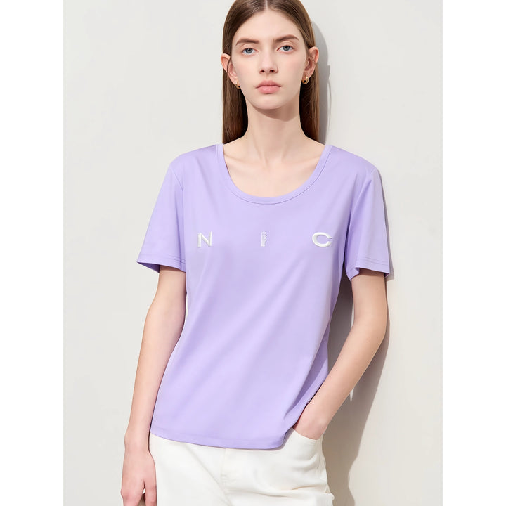 Minimalist O-Neck Embroidered T-Shirt for Women