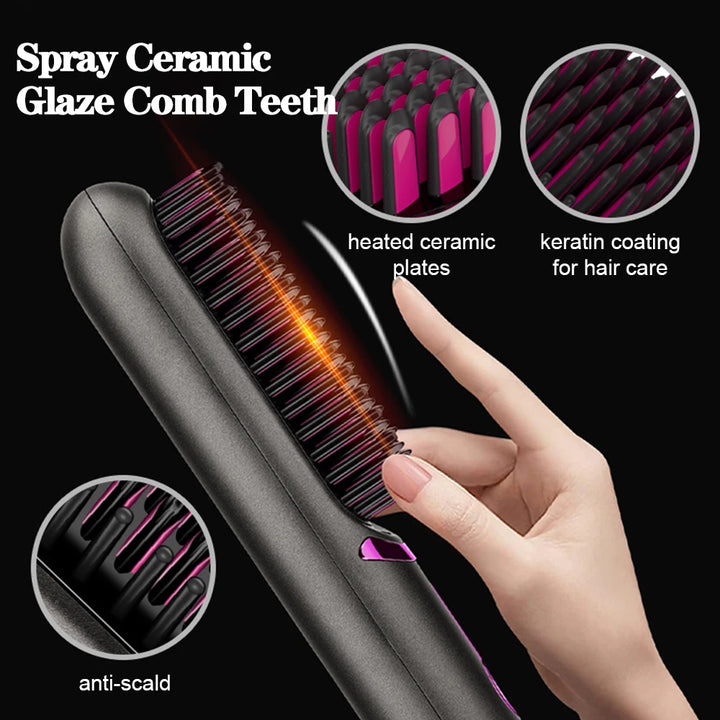 Wireless Ceramic Hair Straightener Brush - Portable Fast Heating Comb