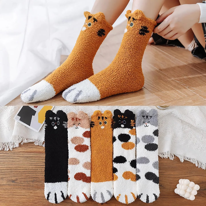 Cute Cartoon Kitten Fleece Warm Indoor Floor Socks - Kawaii Cat Claw Design