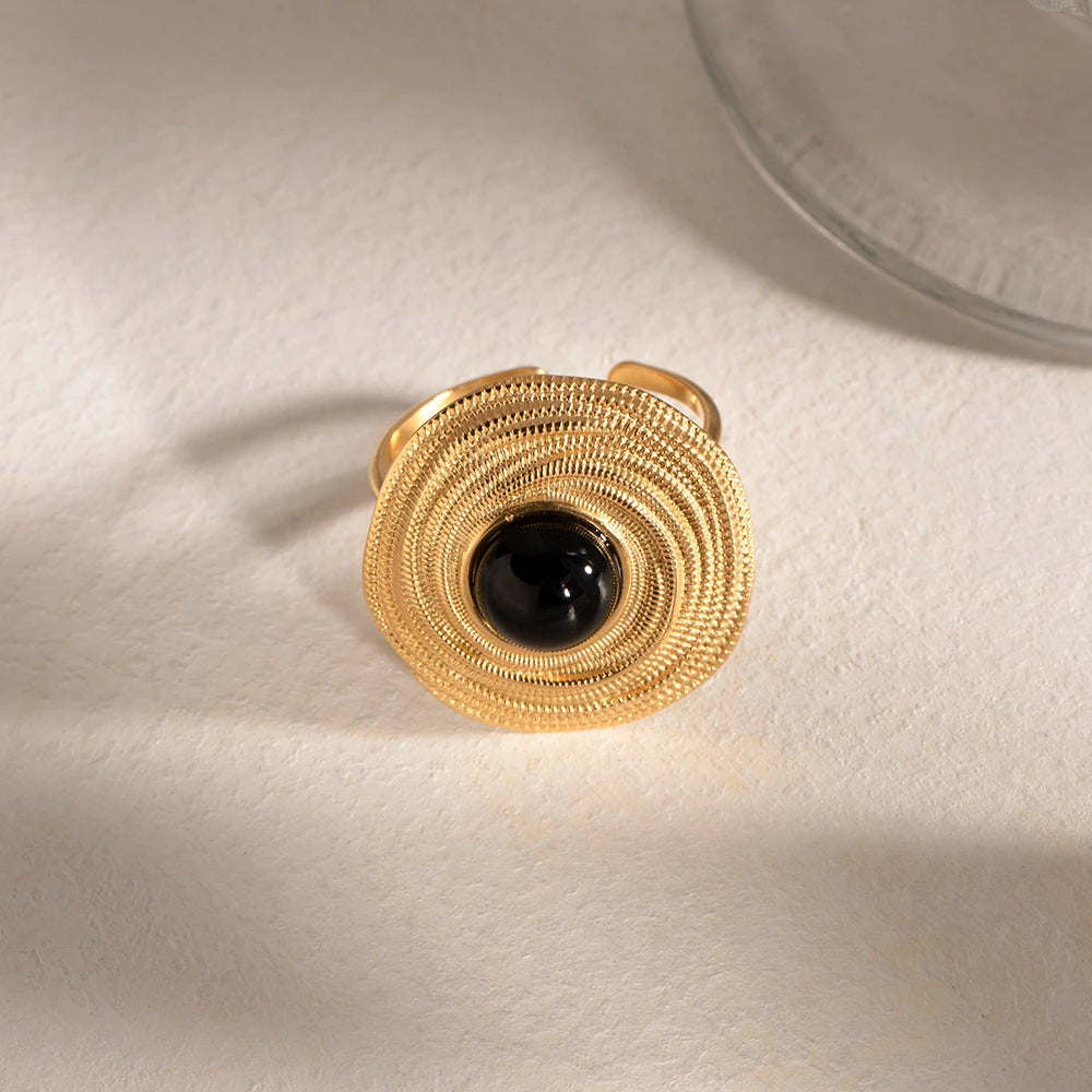 18K Gold Plated Black Agate Wrap Ring – Luxury Stainless Steel Jewelry