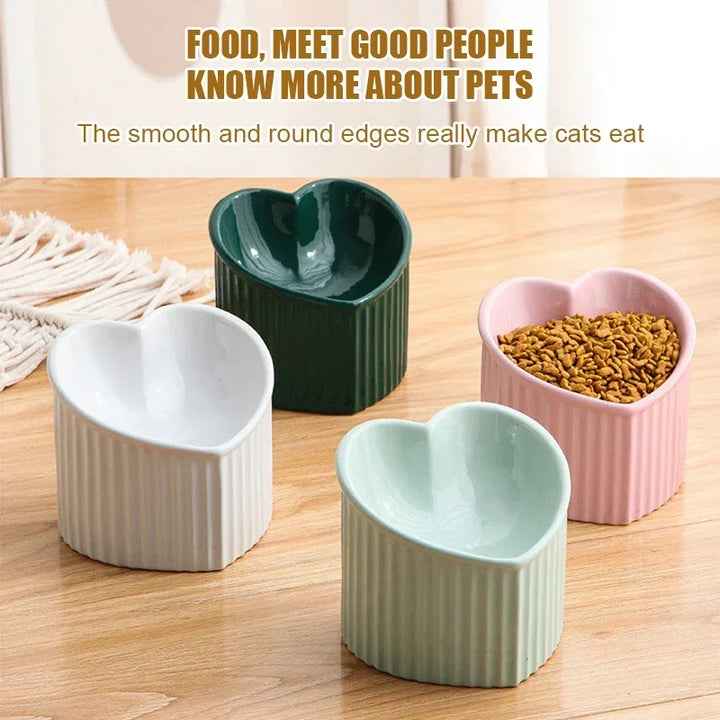 Ceramic Tilted Elevated Heart-Shaped Cat Bowl