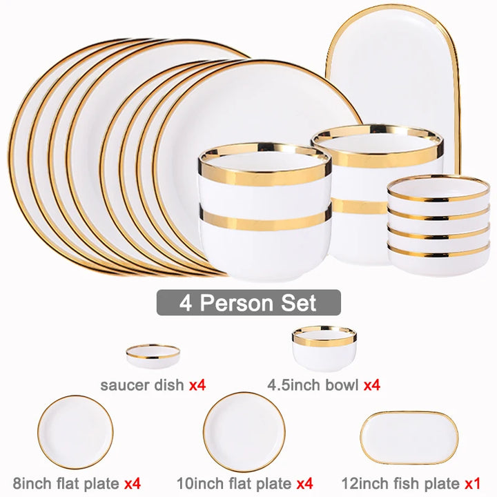 Classical Nordic Bone China Plates Set with Golden Edge, Porcelain Light Green Dinnerware for Elegant Dining