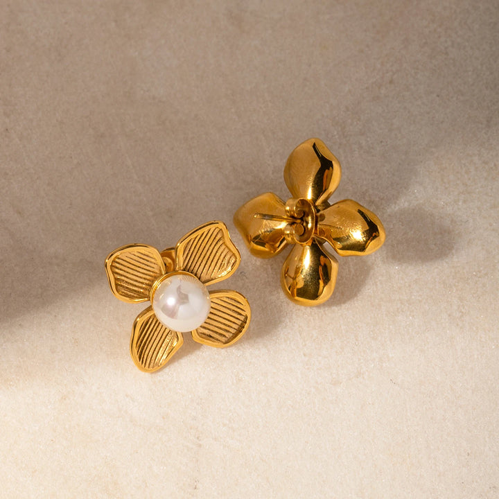 18K Gold Plated Stainless Steel Flower Earrings with Shell Beads