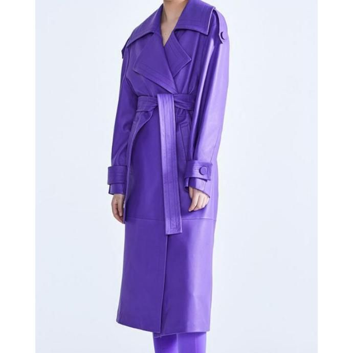 Elegant Purple Faux Leather Trench Coat