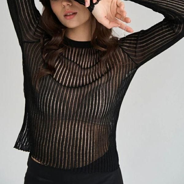Elegant Striped Long Sleeve See-Through Top for Women