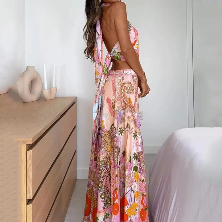 Fashion Printed Half Turtleneck Sleeveless Mid-length Expansion Skirt Suit