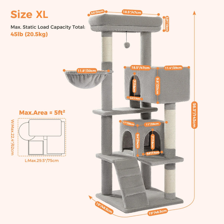 Cat Tree for Large Cats with Spacious Perch & Hammock