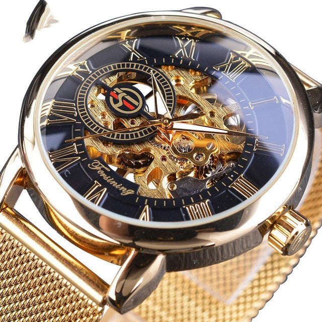 Fashion Casual Roman Numeral Mesh Belt Hollow Automatic Mechanical Watch