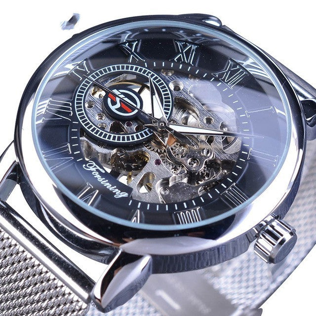 Fashion Casual Roman Numeral Mesh Belt Hollow Automatic Mechanical Watch