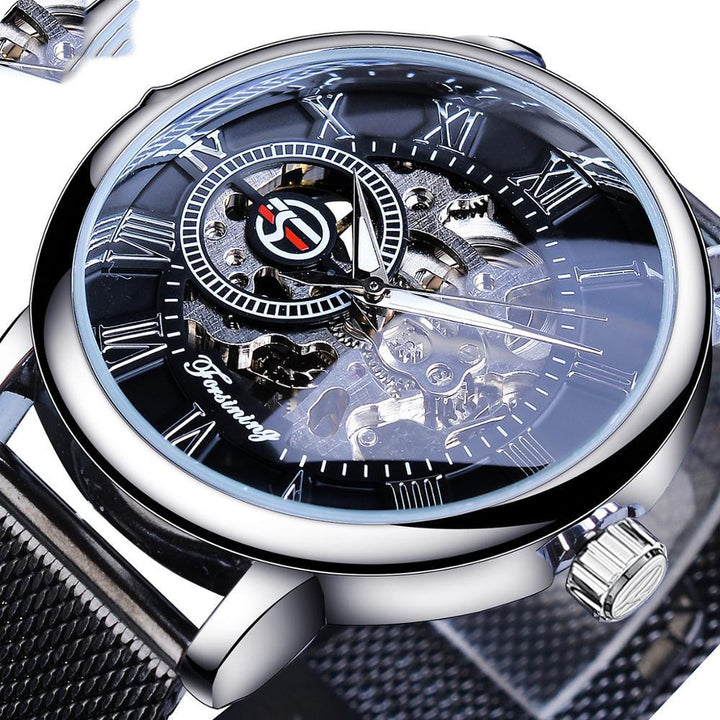 Fashion Casual Roman Numeral Mesh Belt Hollow Automatic Mechanical Watch