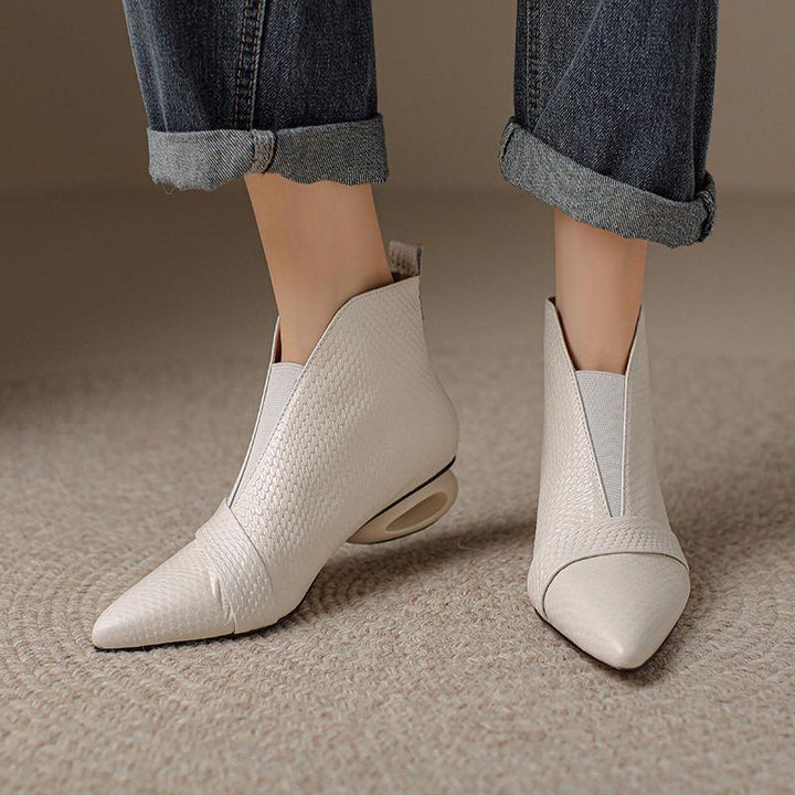 Pointed Toe Wedges Genuine Leather Mid Heel Boots