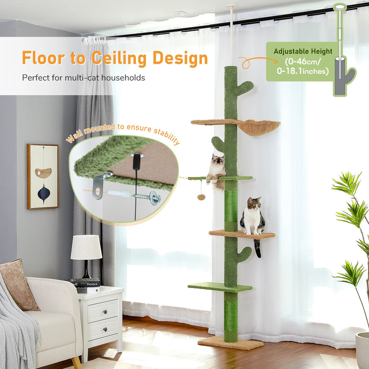 5-Tier Adjustable Floor-to-Ceiling Cat Tree Tower with Cactus Design, Hammock, and Scratching Post