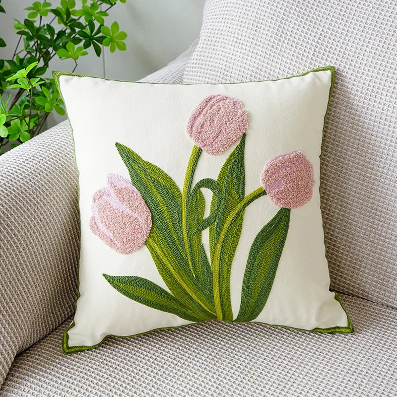 Floral Embroidered Tulip & Orchid Cushion Cover