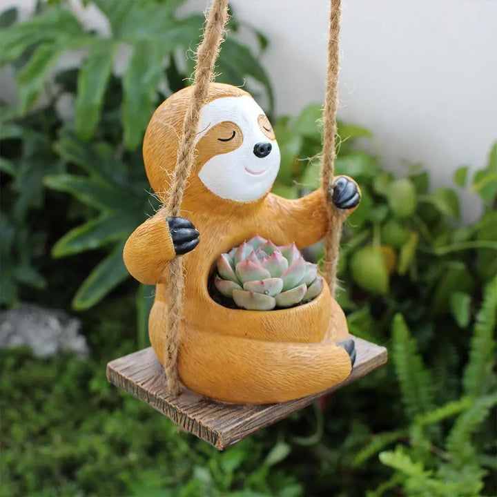 Charming Swing Sloth Planter - Resin Flower Pot for Home & Garden Decor