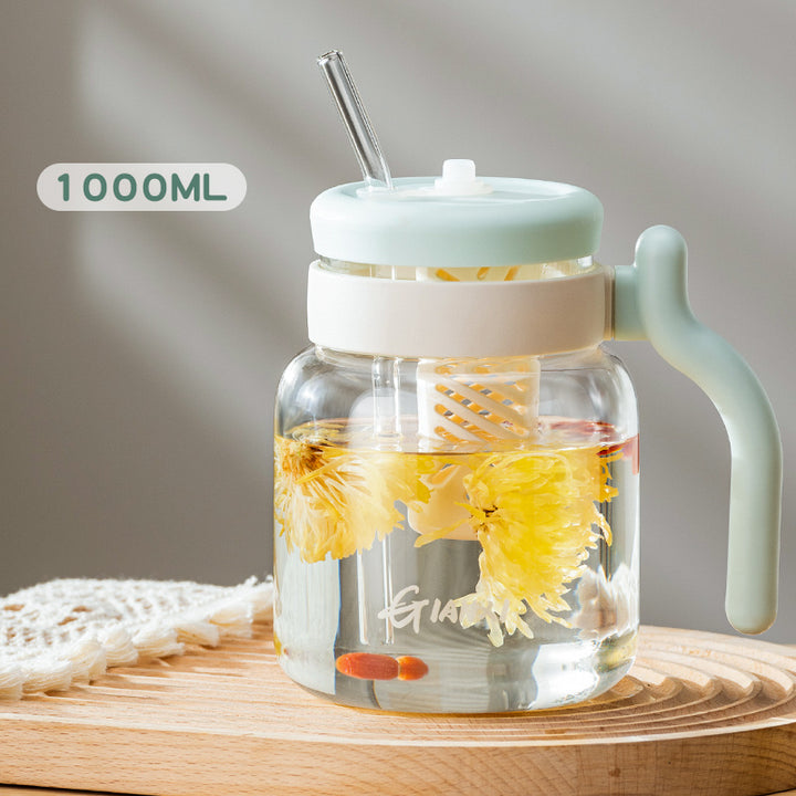 1000ML Glass Tumbler with Lid and Straw