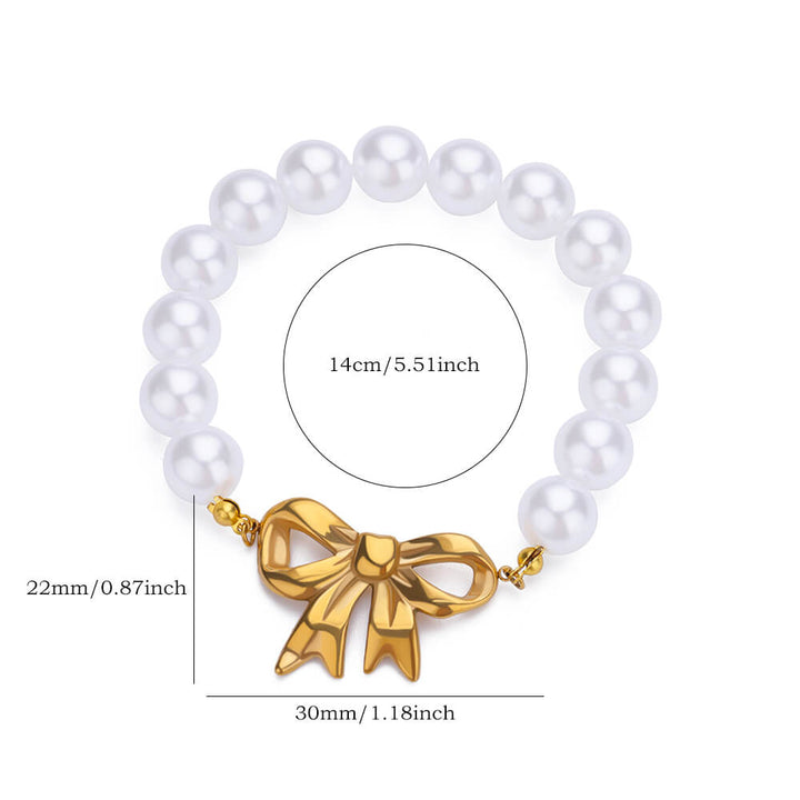 Gold Bowknot Bracelet with Imitation Pearls