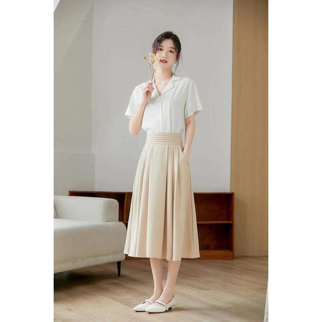 Elegant High-Waisted Pleated Skirt with Pockets