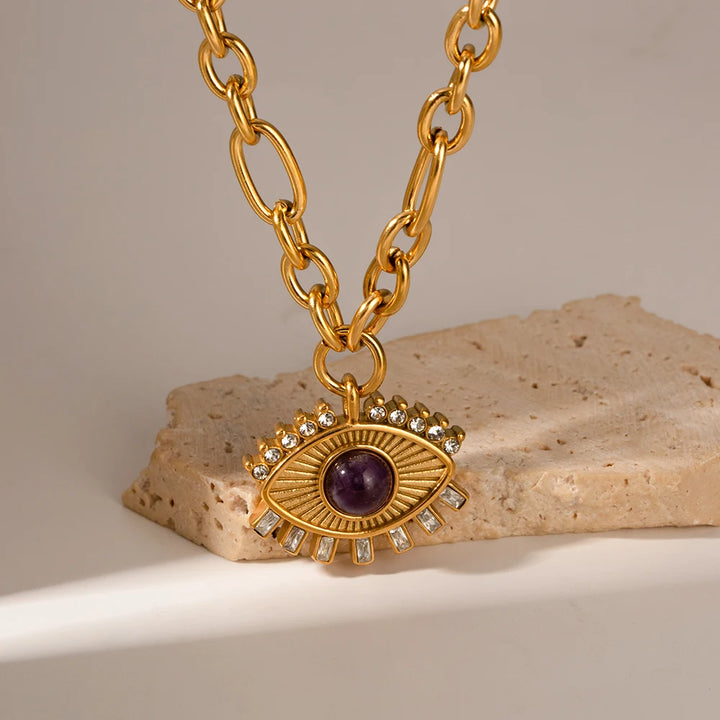 Stainless Steel Evil Eye Amethyst Necklace - 18K Gold Plated Talisman Jewelry