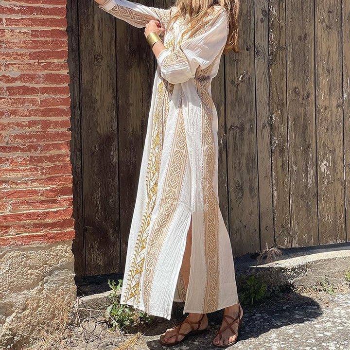 European American Fashion Floral Print Long Sleeve National Style Bohemian Mid-length Dress