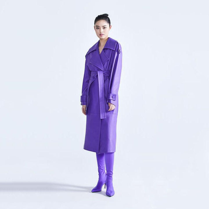 Elegant Purple Faux Leather Trench Coat