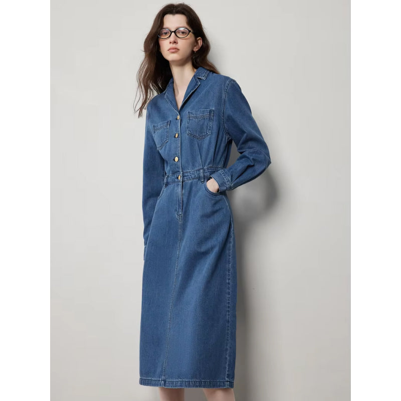 Mid-Length Denim A-Line Dress with Lapel Collar and Long Sleeves