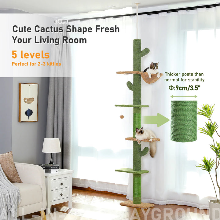 5-Tier Adjustable Floor-to-Ceiling Cat Tree Tower with Cactus Design, Hammock, and Scratching Post