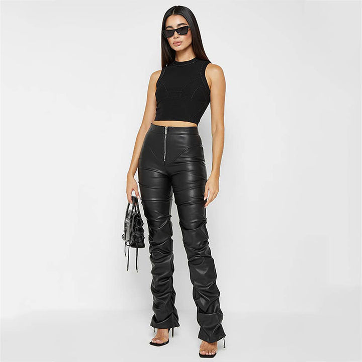 European And American Fashion Tight PU Leather Trousers Personalized Shrinkage Bootcut Trousers Women