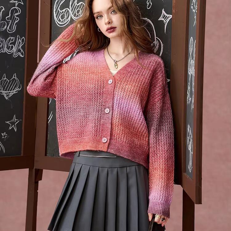 Autumn Gradient Color V-Neck Sweater - Sweet and Versatile Cardigan