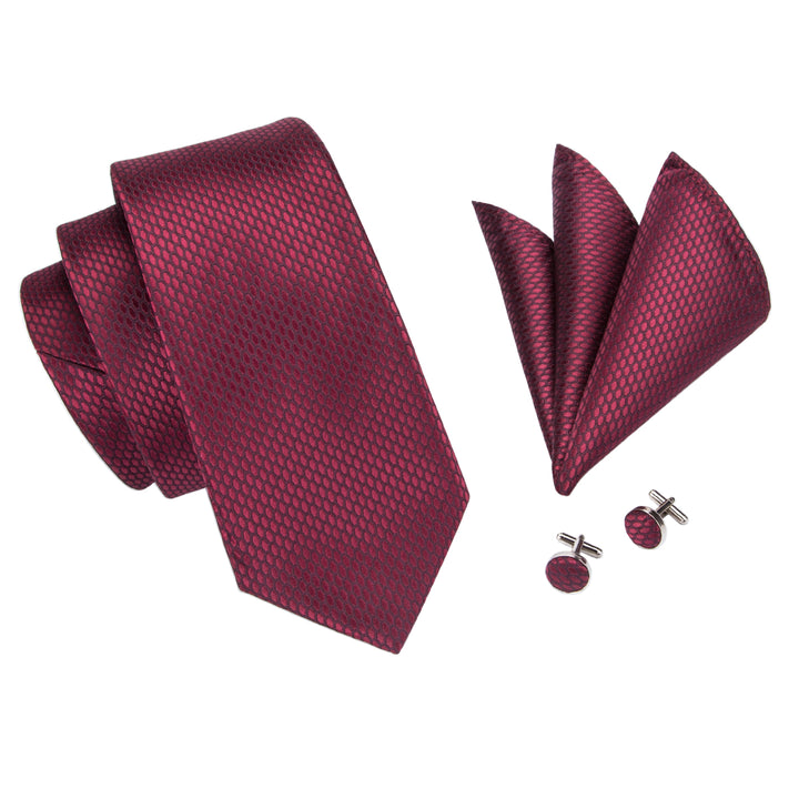 Elegant Red Burgundy Silk Wedding Tie with Matching Handkerchief and Cufflinks